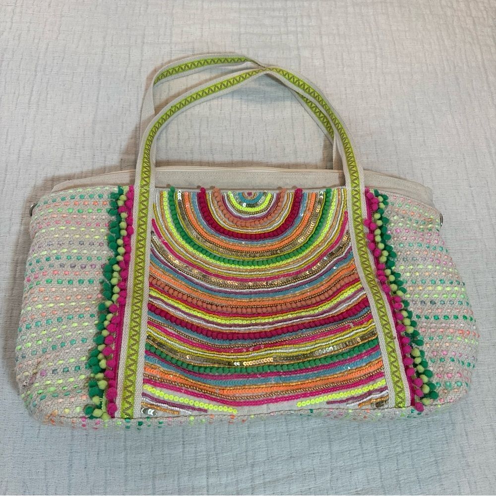 AMERICA & BEYOND Hand Beaded Tote Bag Shoulder Crossbody Straps Sequins Flaws